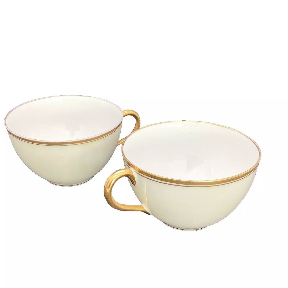 2 Haviland Limoges France Tea Cups Coupe H1415 White/Gold Trim & Inner R…